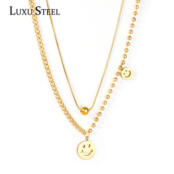 LUXUSTEEL Stainless Steel Beaded Chains Necklaces Gold Color Smile Round Ball Pendant Necklace Fashion Multilayer Collars