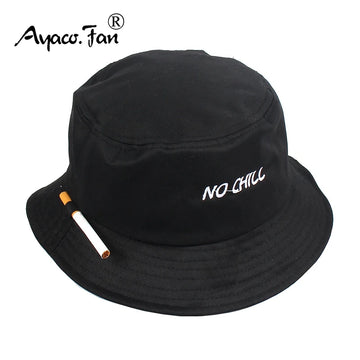 2021 Solid Black Men Women Bucket Hat Cigarette Embroidery NO CHILL Hip Hop Fishing Cap Adult Unisex Panama Bob Hat  Flat Sunhat
