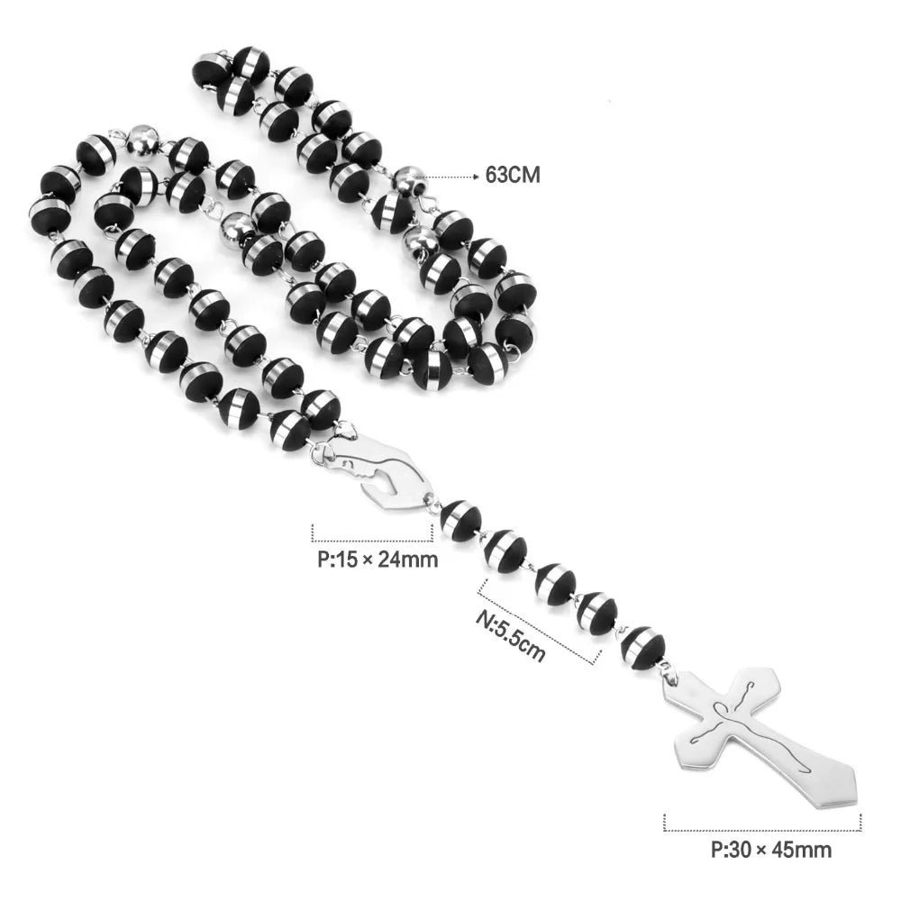 LUXUSTEEL Hot New Virgin Mary Long Rosary Necklaces Stainless Steel Black Bead With Silver Color Chain Necklace Cross Pendants