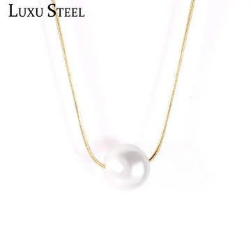 LUXUSTEEL Female Gold Color Round Imitation Pearl Pendant Necklaces Women/Girl  Stainless Steel Snake Chain Necklace Exquisite