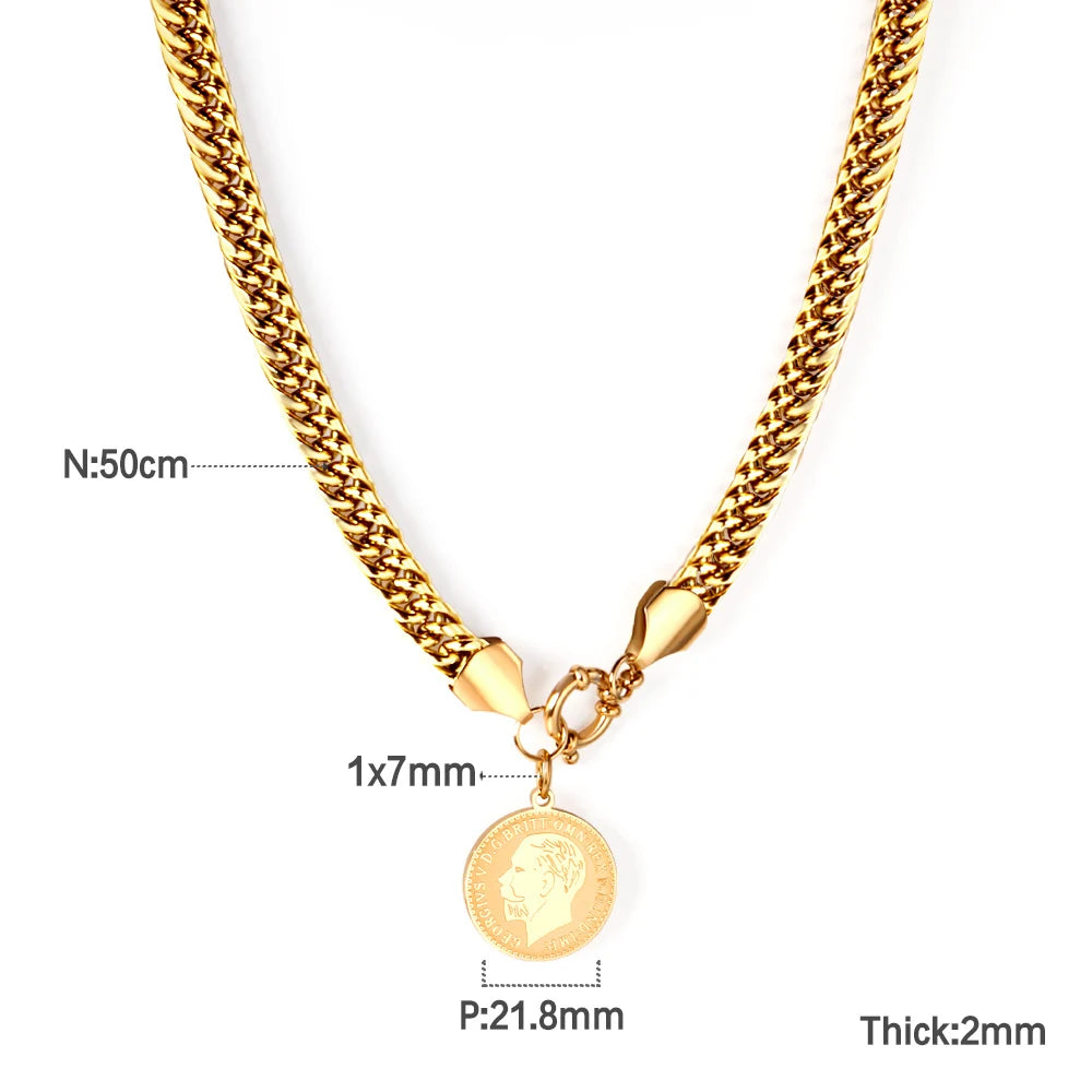 LUXUSTEEL Gold Color Face Tag Pendants Layer Necklaces Women Vintage Stainless Steel Long Chain Necklace Wedding Party Gift