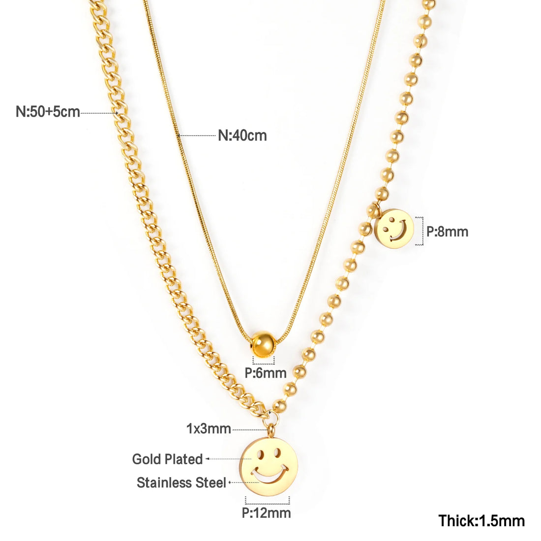 LUXUSTEEL Stainless Steel Beaded Chains Necklaces Gold Color Smile Round Ball Pendant Necklace Fashion Multilayer Collars