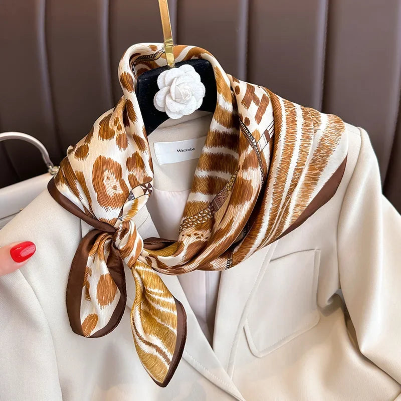 2023 Luxury Leopard Print Silk Square Scarf Women Soft Satin Hairbands Neckerchief Head Hijab Headband Foulard Bag Ribbon Office