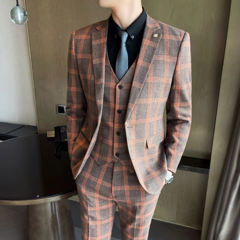 High-quality British men's fashionable and stylish checkered casual suit set for autumn, a casual and fitted suit set of three