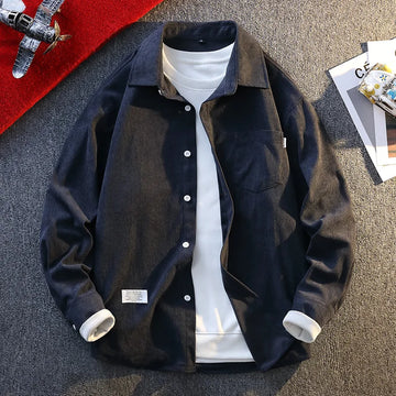 High-quality men's fashionable, stylish, versatile and trendy casual banquet corduroy solid-color long-sleeved shirt in autumn