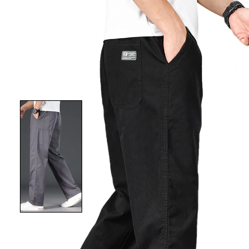 Big Size Mens Casual Pants Relaxed Fit Cotton Trousers Elastic Waist Drawstring Sweatpants Mens Jogger Pants Summer Spring