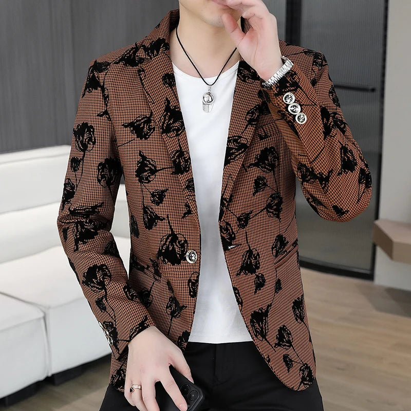 Mens Velvet Checkered Suit High Quality Style Trendy Business Casual Veloursheck Jacket Versatile Fashion Männliches  Jäckchen