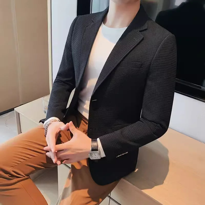 Men's Fashion Waffle Suit Jacket 2028 High Quality Handsome Business Casual Single-Row Two-Button Autumn Winter New