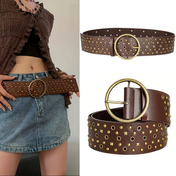 Women's Belt Retro Fashion Hollow Out Large Circular PU Leather Waist Closure Feature Rivet Decoration, Pair With Skirts, Coats