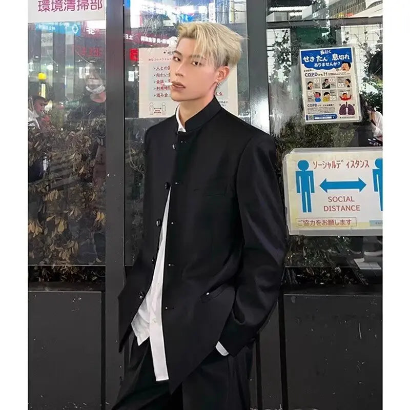 In the spring and autumn of 2025, there is a trendy Korean-style slim-fit men's Zhongshan suit casual stand-up collar suit jacke