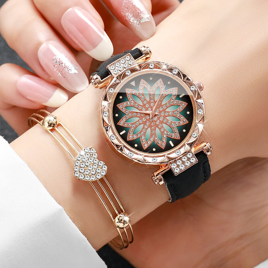 6PCS/Set Women Flower Rhinestone Dial Wristwatch Ladies Fashion Leather Strap Watch With Heart Diamond Jewelry Set(Without Box)