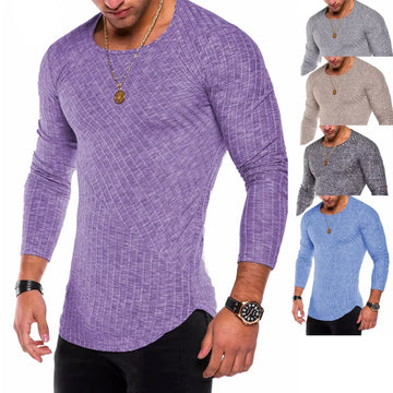 Men's Knitted Thin Base Sweater with Curved Hem Design Round Neck Tight Fit  Elastic Long Sleeved T-shirt Thin Sweater