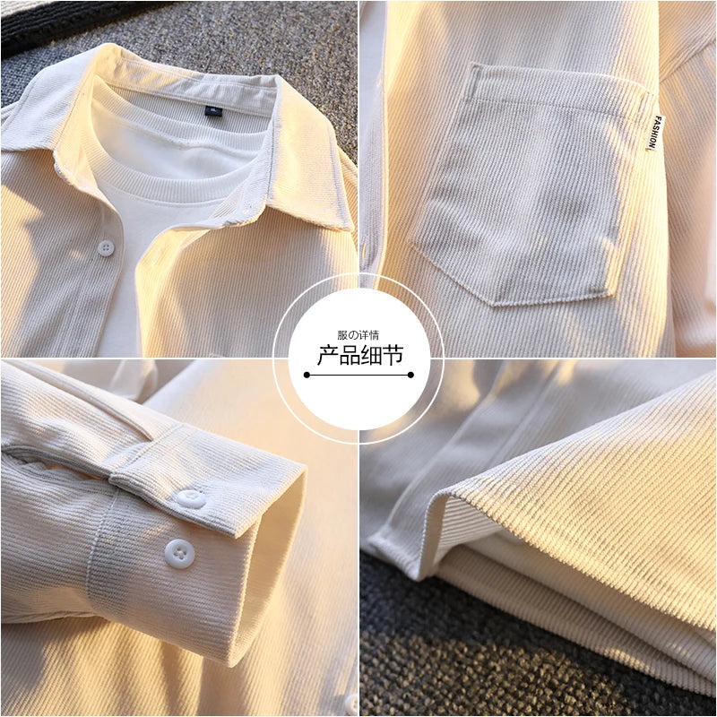 High-quality men's fashionable, stylish, versatile and trendy casual banquet corduroy solid-color long-sleeved shirt in autumn
