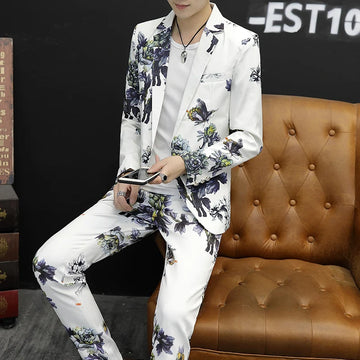 Spring 2024 Men's Slim Fit Korean Style Fashion Suit Casual Business Print Two-Piece Set Trendy Suit plus Trousers Ensemble