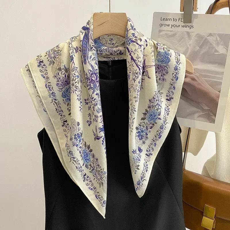 Floral Design 70*70cm Velvet Square Hair Scarf for Women Hijab Small Neck Tie Hand Wrist Kerchief Female Cotton Headband Foulard