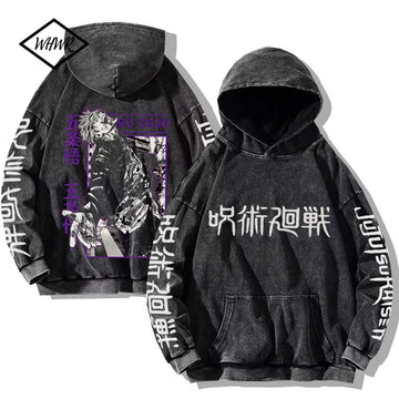 Jujutsu Kaisen Print Distressed Men Cotton Hooded Japan Cartoon Y2K Autumn Long Sleeve Black Hoodie Plain Oversized Men Clothing