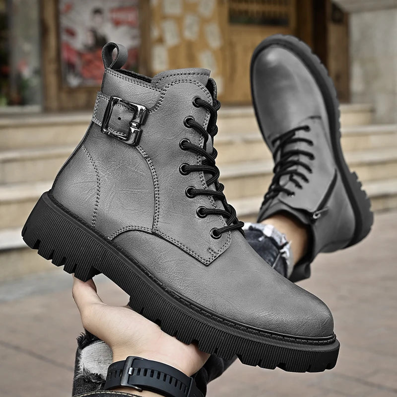 Genuine Leather Men's Motorcycle Boots Outdoor Leather Hiking Shoes Male All-match Short Boots Leisure Walk Ankle Boots Sneakers