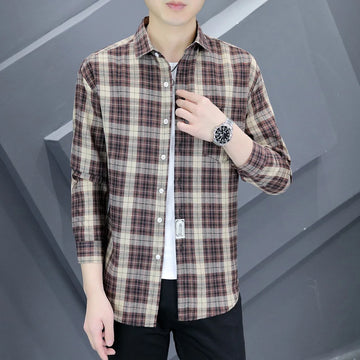 High-quality men's fashionable, stylish, versatile business boutique, autumn trendy casual, checked shirt for teenagers, men