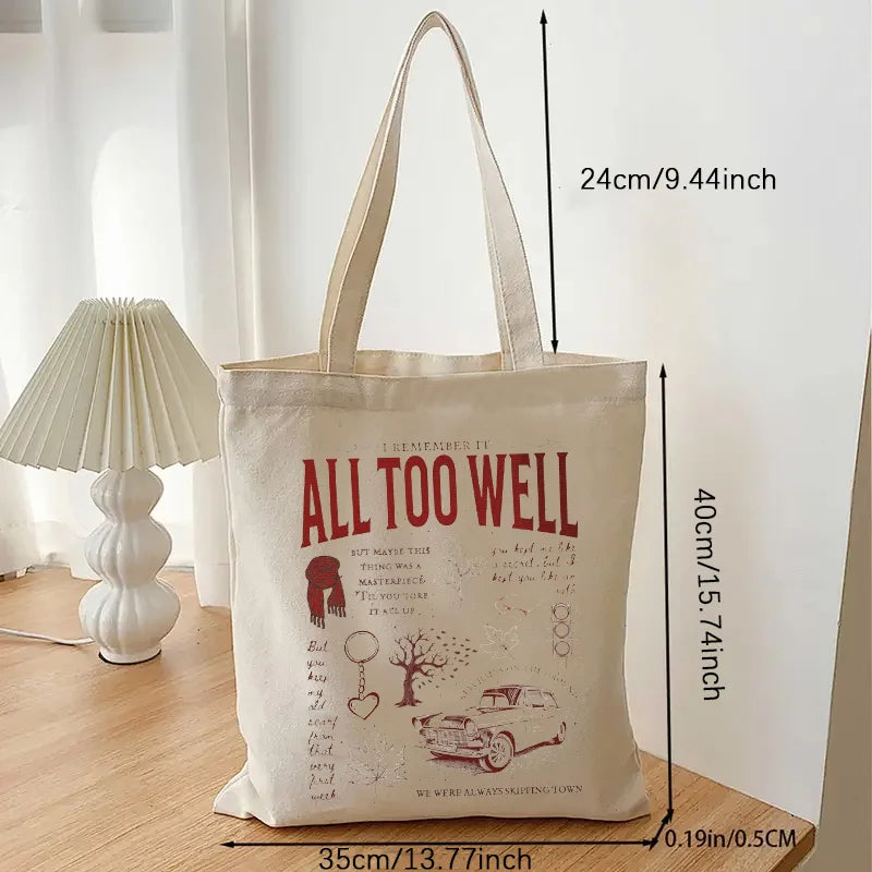 Taylor All Too Well Canvas Tote Bag Causal Shopping Hangbag Gift for Fans Music-lover Gift Large Capacity Canvas Bag Music Merch