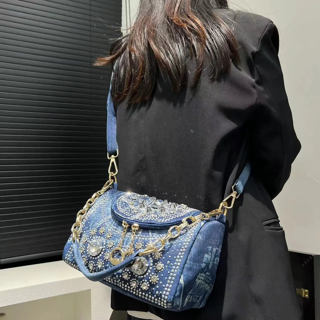 Women's Fashion Diamond Elegant Handbag Mini Flap Diamond Denim Shoulder Bag
