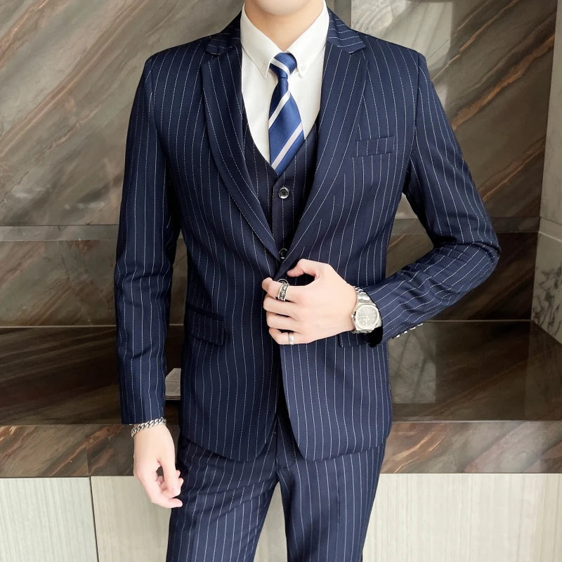 2024 Slim Fit Striped Three-Piece Business Suit Vest Trousers Set Korean Fashion Trend Handsome Wedding Outfit