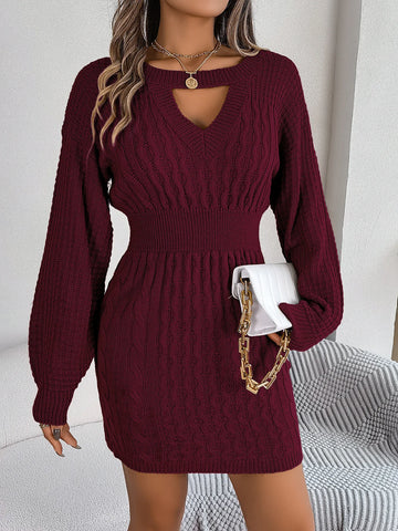 Autumn Winter Solid Color Woolen Dress O-Neck Lantern Sleeve Hollow Out Knitted Dresses for Women Fashion Casual Vestidos