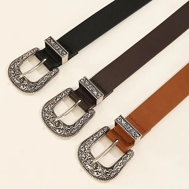 Women's Belt Vintage Carved Buckle Men Belt Fashion Double Buckle Belt Hip Hop Rock Style Y2K Belt PU Leather Belt For Men Women