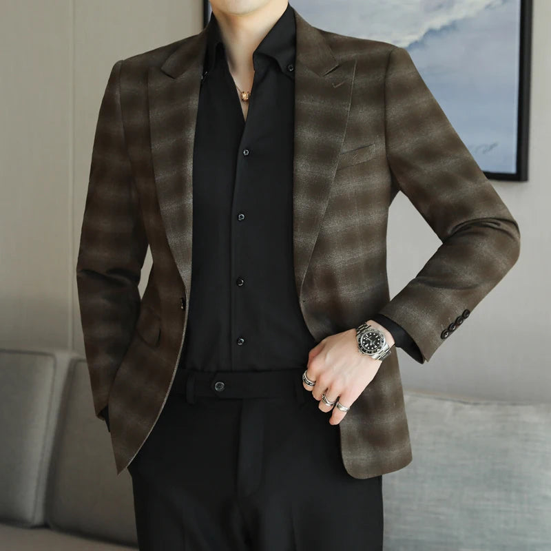High Quality Men's Slim Fit Checkered Casual Suit Stylish Handsome Trendy Boutique Single West Coat