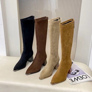 New autumn and winter style chunky heel pointed toe suede long boots for women fashionable high boots casual and elegant, 2025.