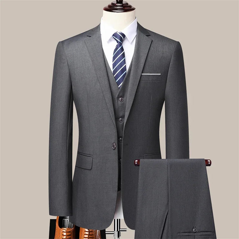 Men's High-Quality Solid Color Three-piece Suit Set - Fashion Casual Handsome Business Suit Vest And Trousers Ensemble