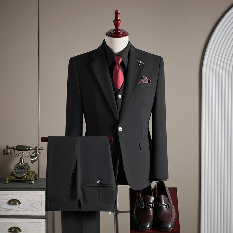 High-quality, fashionable and stylish plus-size men's solid-color suit set, men's three-piece set, one-button casual suit