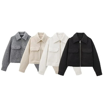 Autumn and winter casual lapel zipper pocket decoration long sleeved pearl leather jacket short jacket top