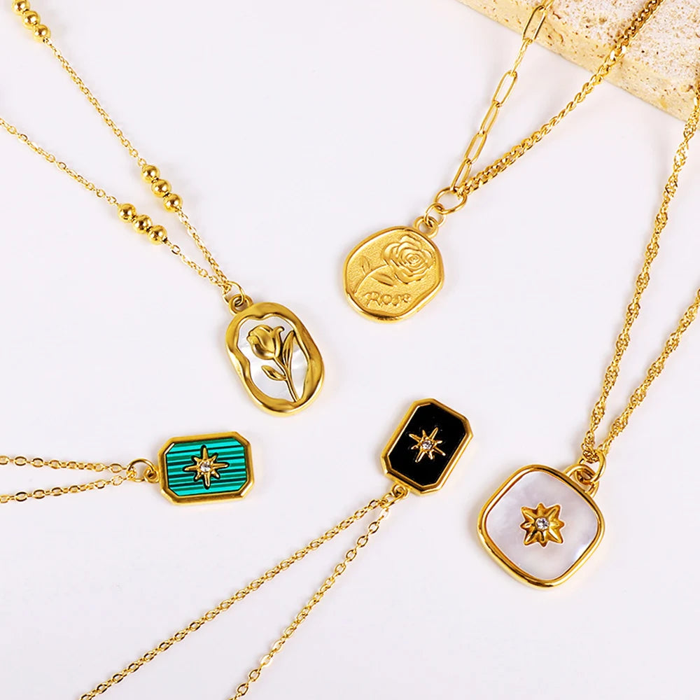 LUXUSTEEL Vintage Star Zircon Shell Drip Oil Pendant Necklace For Women Gold Plated Stainless Steel Geometric Clavicle Chain