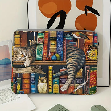 1, cat and bookshelf pattern laptop bag, briefcase, suitable for 15 inch laptops, fixed laptop bag (without handheld)
