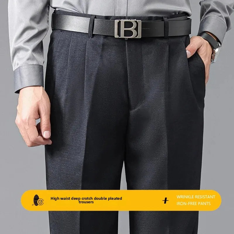 Loose Straight Leg Thick Dad Style Men's Autumn Winter Business Formal Trousers No Ironing Large Size Pants Casual Wear