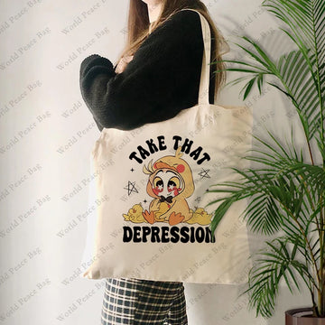 1 pc Halloween Lucifer Take That Depression Hazbin Hotel pattern Tote Bag Canvas Shoulder Bag For Travel Daily Commute