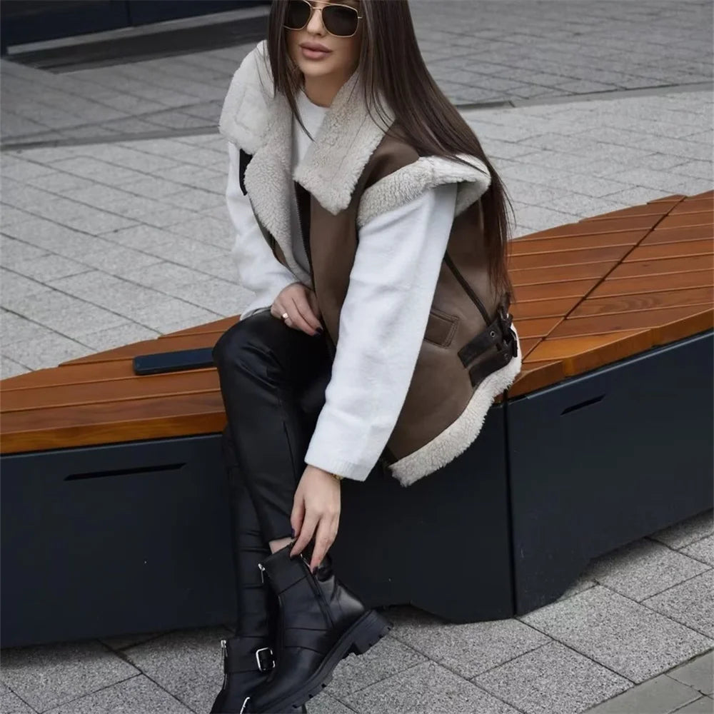 UNIZERA2023 High Quality Autumn/Winter New Women's Fashion Tri Color Fleece Panel Tank Top