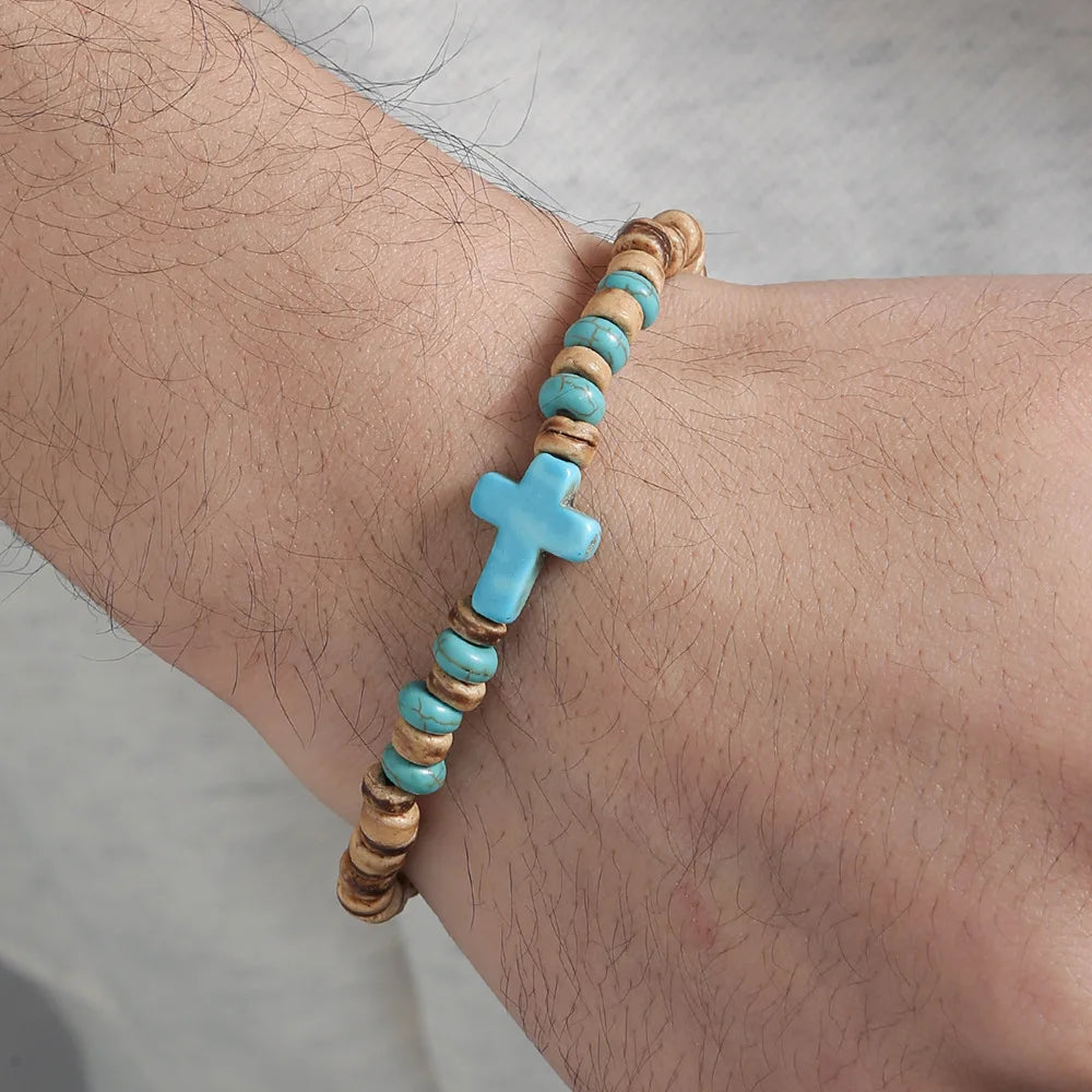 Bohemian Coconut Shell Wood Chips Cross Bracelet For Men Retro Handmade Beaded Jewelry Fashion Accessories Gifts