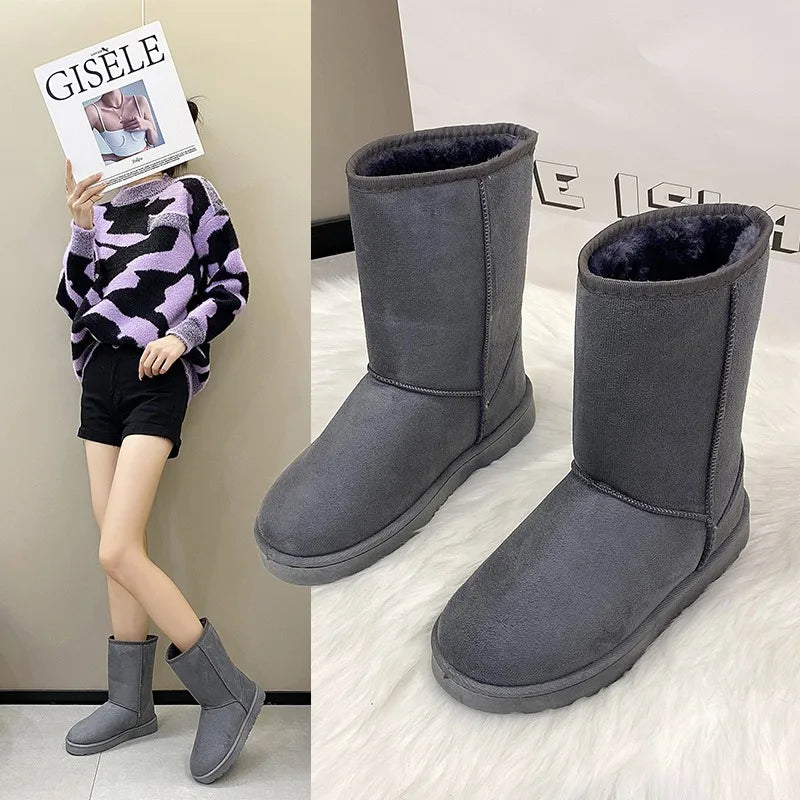Four Color Womens Flat Bottomed Mid Heeled and Mid Heeled Boots Round Toe Sleeve Anti Slip and Warm Winter Suede Chimney Boots