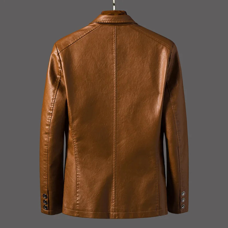 2025 Men's leather jacket, casual suit jacket, men's spring and autumn youth suit, PU leather form-fitting motorcycle jacket