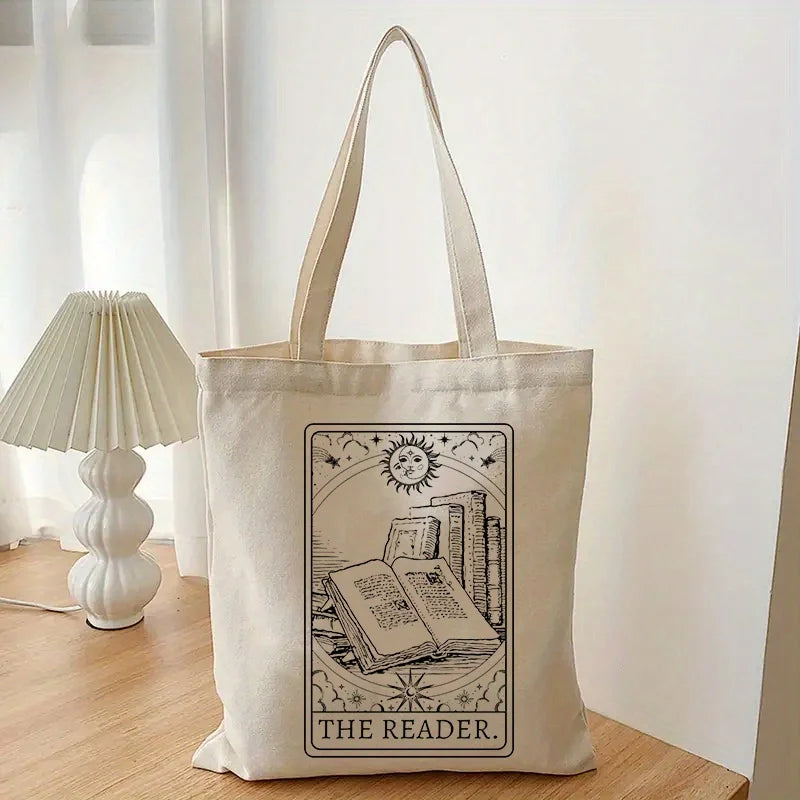 Vintage The Reader Pattern Canvas Shoulder Bag, Lightweight  Sun Pattern Shopper Bag, Versatile Storage Bag