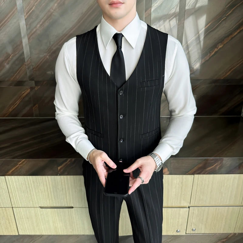 2025 High-Quality Wedding Suit Three-Piece Set Striped Business Casual Fashion Vest Trousers Ensemble Handsome Boutique Trend
