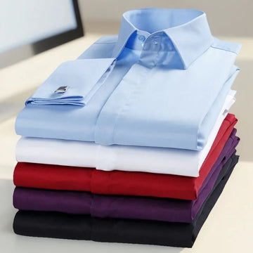 Men's French cufflinks shirt made of pure cotton long sleeved slim fit concealed button, solid color high end wedding dre