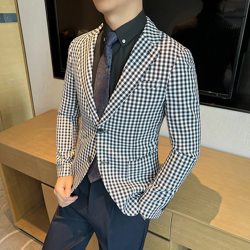 2024 High-quality new network red check fashion handsome casual suit personality trend slim-fit thousand birds extra set