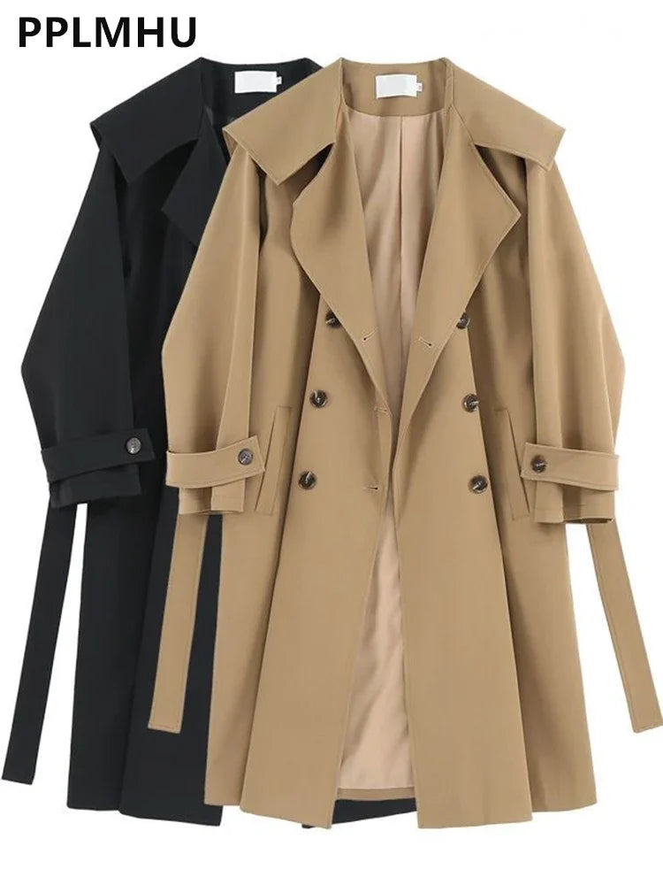 Khaki/Black Spring Fall Long Trench Jackets Korean Casual Double Breasted Gabardina Coats Women Loose Windbreaker Abrigos New