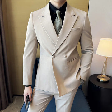 High-quality Korean-style fitted suit with fashionable and trendy design, double-breasted suit three-piece set