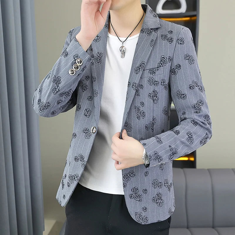 New autumn trendy, high-quality, stylish and stylish single-style slim suit jacket for teenagers with floral patterns for men