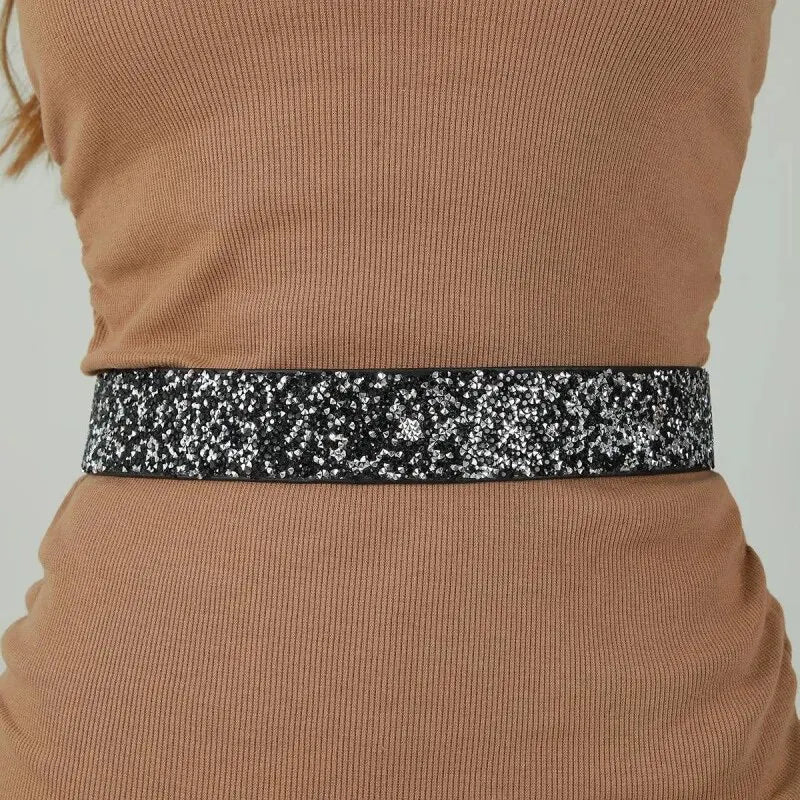 Women Belt Rhinestone Inlaid Elastic Waistband Sparkling Fashion Crystal Waist Cover Elastic Waist Closure Wide Belts With Dress