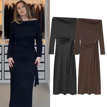 Chic Elegant Off Shoulder Long Dress Woman 2025 New Fashion Snap Button Ruched Midi Dresses For Women Slim Party Dresses ﻿