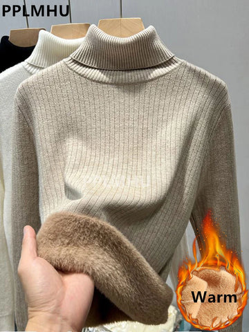 Thicken Turtleneck Sweater Fot Winter Women Casual Slim Plush Lined Warm Knit Pullover New Soft Long Sleeve Knitwear Jumper Tops